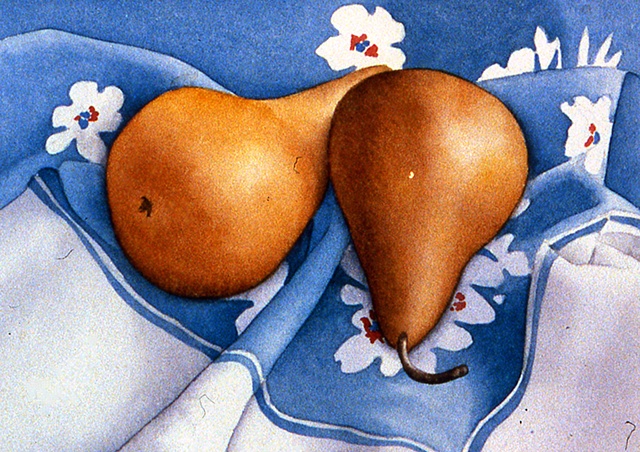 Pears on Blue Tablecloth