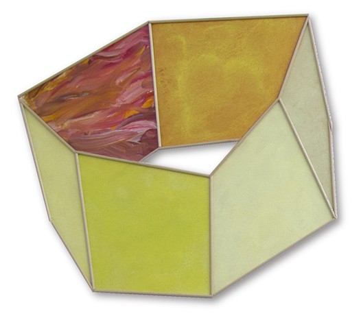 geometric abstract, Yvette Cohen lives and works in the Chelsea neighborhood of New York, NY. She creates flat boldly colored shaped painting sculptures, paintings that look like sculptures, positioned to convey infinite air and unlimited possibilities.