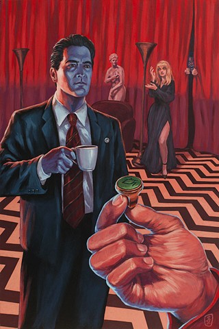 The Black Lodge painting by Stephen Andrade Spoke Art NYC 2017 David Lynch In Dreams Twin Peaks Dale Cooper Laura Palmer red room owl ring