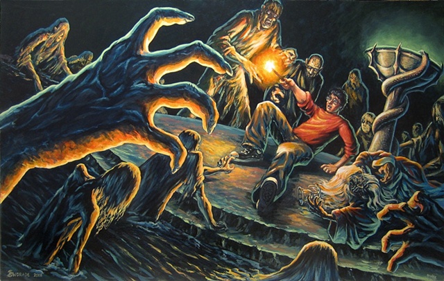 Harry Potter and Dumbledore fighting Inferni from "Harry Potter" painting series by Stephen Andrade