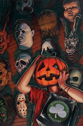 Season Of The Witch painting print by Stephen Andrade Gallery1988 g1988 Crazy 4 Cult Halloween 3 horror movie masks silver shamrock