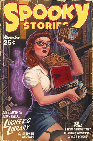 Spooky Stories by Stephen Andrade Gallery1988 g1988 Crazy 4 Cult Crazy4Cult 2015 librarian pinup Ghostbusters Evil Dead Hocus Pocus Ninth Gate Babadook In the Mouth of Madness vintage pulp