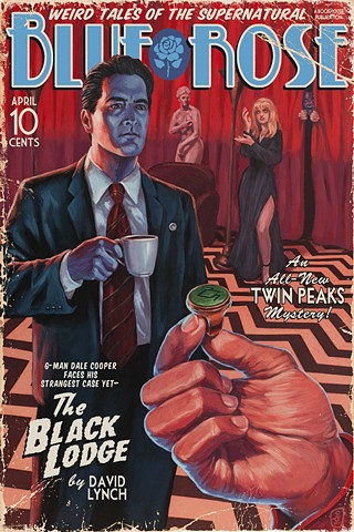 The Black Lodge painting Vintage Pulp Edition print by Stephen Andrade Spoke Art NYC 2017 David Lynch In Dreams Twin Peaks Dale Cooper Laura Palmer red room owl ring