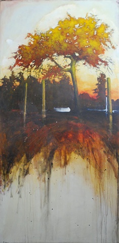 painting of a tree at sunset