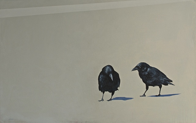 painting of crows on pavement, pair of crows, black and white