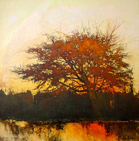 painting of a tree at sundown