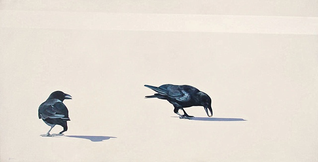 painting of a crow on pavement