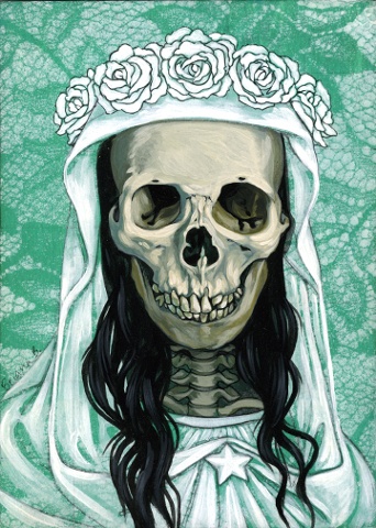 Mini Santa Muerte in white on turquoise 