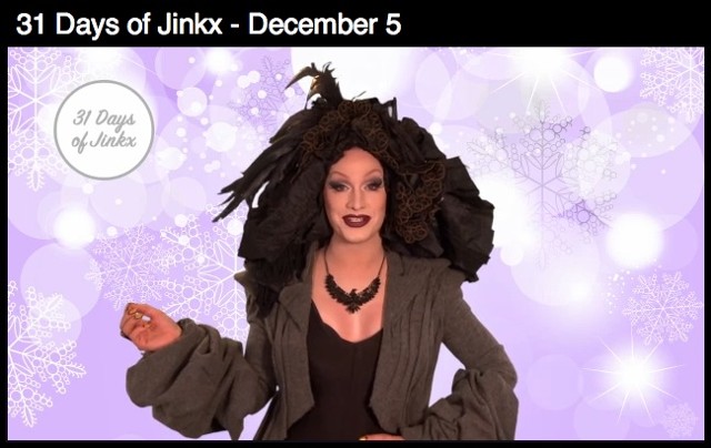 Grey wool jacket on Jinkx Monsoon in "31 days of Jinkx," video on Logo Tv 