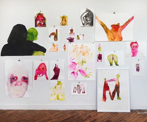 Studio view of 'I Love You And I Am Listening' works on paper installation.