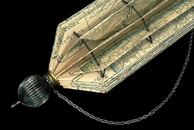 altered book, invisible, cities, invisible cities, Calvino, fold, book, bookworks, unique book, one of a kind, power tools, finial, sculpture, bookwork, chain, purse, Italio Calvino