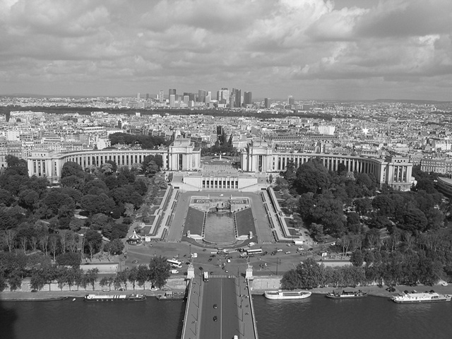 top of eiffel tower bw