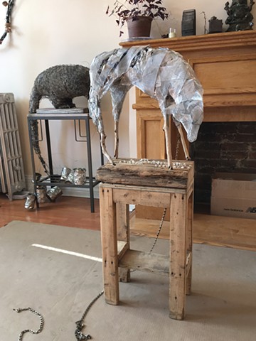In progress: fox structure: wire wood, mesh.