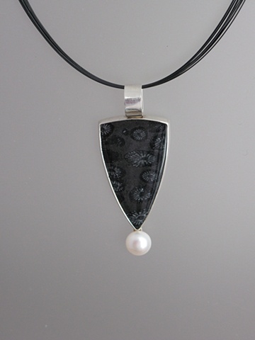 Sterling Silver, Stones:  Fossil Crinoid, Chinese Fresh Water Pearl,  Pendant part of "Jewelry For The Home" vessel