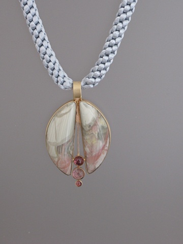 14kt Yellow and White Gold, Stones:  Pink Willow Jasper, Pink Tourmalines,  Pendant part of "Jewelry For The Home" vessel