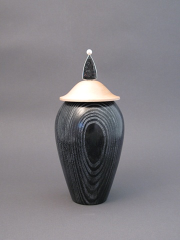 Wooden Vessel Lid:  Maple, Base:  Ebonized Ash Embedded with Silver Wax