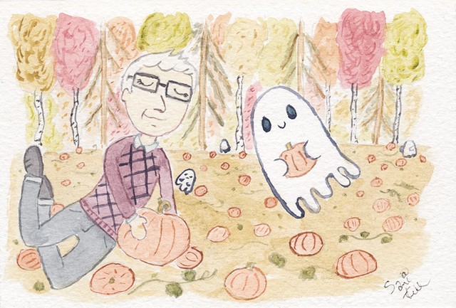 A watercolour painting of man and a ghost harvesting pumpkins from a pumpkin patch. The man has short silver hair and wears a burgundy argyle jumper and cuffed indigo jeans, and dark-rimmed glasses. The ghost is friend-shaped. In the background, other gho
