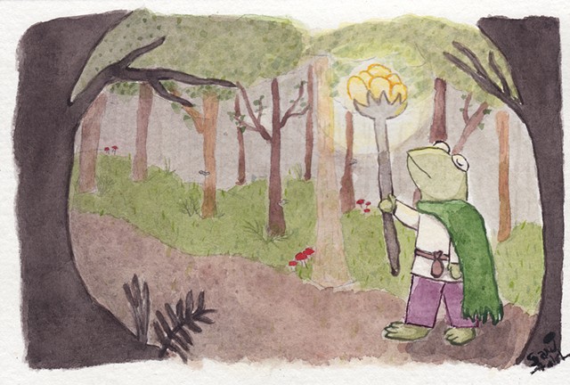 A watercolour painting of Terry the forg mage embarking on an adventure in the deep dark forest. He is a frog fellow dressed in a light tunic and burgundy trousers with a green cloak, and holds up a magic staff, which illuminates the forest around him.