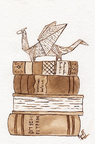 A watercolour painting of a paper drake, a small creature resembling an origami dragon, perched atop a stack of antiquarian books