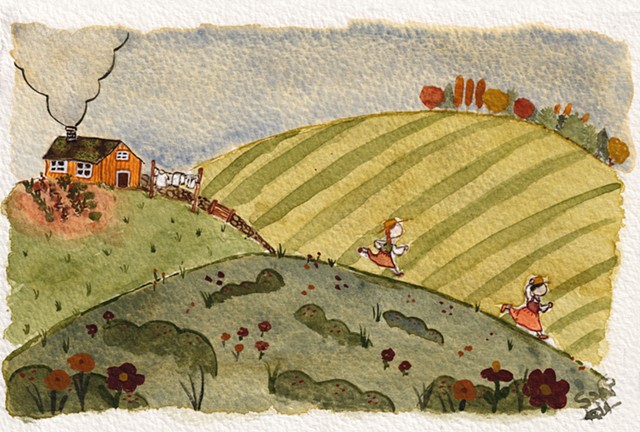 Watercolour painting of two happily married wives in vaguely historical dress running down a hill in a cozy Canadian landscape with a cute lil farmhouse