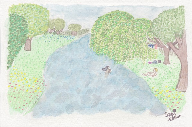 A watercolour painting of two little fellows bathing in the river on a summer day. The long-haired fellow is swimming in the water, and the blonde fellow is reclining on the grass. Their clothes are neatly folded by a tree behind them.