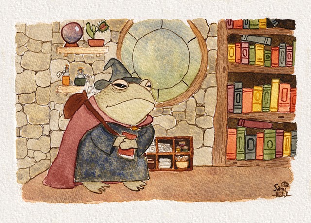 Watercolour painting of Craig, a toad wizard, in his stone wizard's cottage. He has shelves full of magic books, an orb for pondering, and a venus flytrap named Mavis