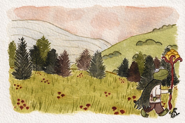 Watercolour illustration of Terry, a frog mage, wandering through a whimsical forest landscape