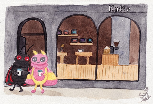 Watercolour painting of two mothmen, a cinnabar moth and a rosy maple moth, getting a coffee from a coffee shop in London