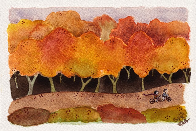 Watercolour painting of two little guys on a tandem bicycle, riding through a forest in autumn