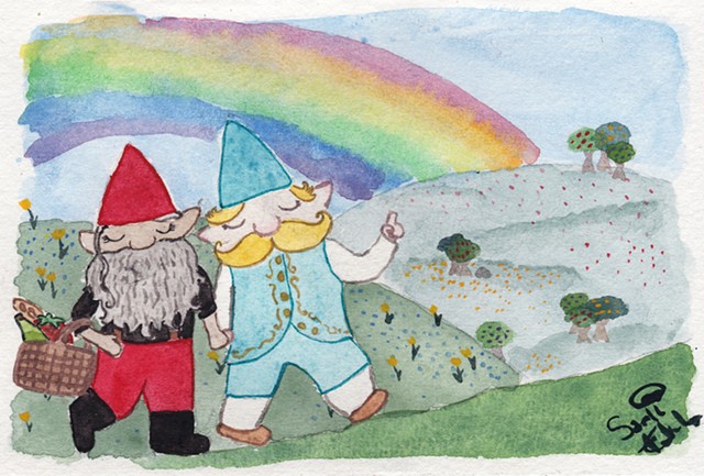 A watercolour painting of two gnomes on their way to a picnic spot under a rainbow in a meadow. They are holding hands. The bearded gnome is carrying a picnic basket, and the moustachioed gnome is pointing out the best spot for their picnic.