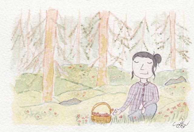 A watercolour painting of a man gathering cloudberries in the forest. He is pale, with long dark hair fastened into a bun, and is wearing a checked flannel shirt. He is gently placing berries into his wicker basket. It is a lovely day.