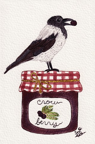 Watercolour painting of a hooded crow with a crowberry in its beak, perched atop a jar of crowberry jam