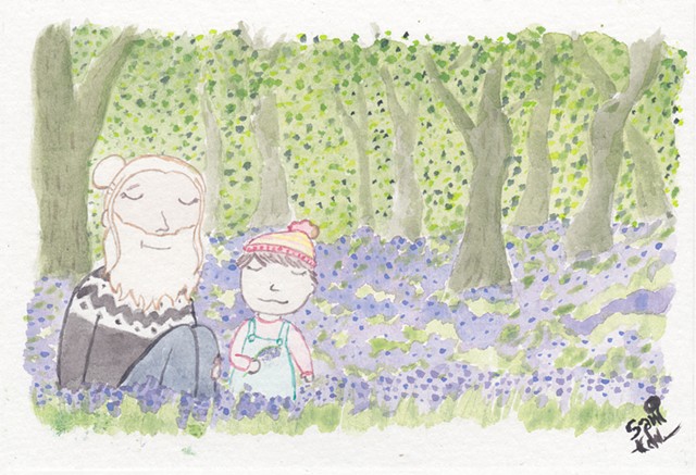 A watercolour painting of a bearded gentleman and his toddler child in a meadow of bluebells.