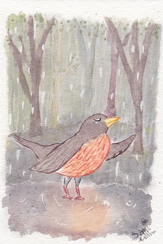 A watercolour painting of a robin in the rain. It is standing in a rainy puddle in the forest, holding up one wing.