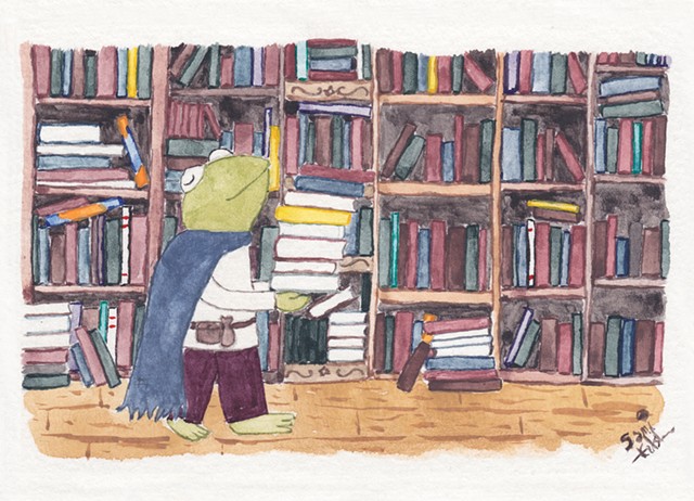 A watercolour painting of Terry, a frog in simple mage's clothing carrying a tall stack of books. Behind him is a wall lined with bookshelves, each stacked full with various interesting magical tomes.