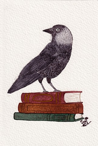 Watercolour painting of a jackdaw bird perched atop a stack of antiquarian books, very spooky cute dark academia vibes of them