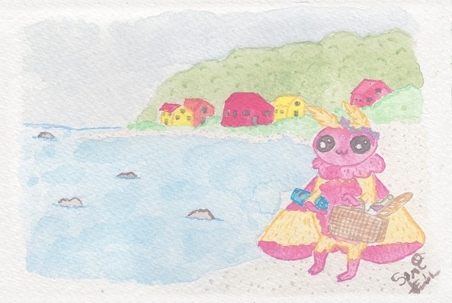 A watercolour painting of a rosy maple mothman wearing a flower crown, carrying a picnic basket and blanket as they walk along the beach. Behind them are hills and colourful little cottages.