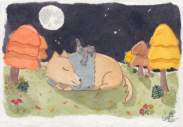 A watercolour painting of a werewolf and a vampire bat snuggled down to take a nap together in the forest, beneath the full moon. They look very peaceful.