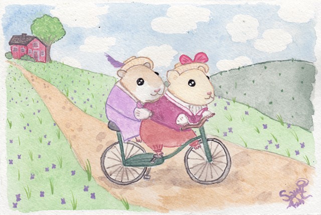 Watercolour painting of two hamster ladies in Victorian dress riding a bicycle down a hill. The hill is studded with violets, a longtime symbol of sapphic and lesbian love. Because these hamster ladies are in love.