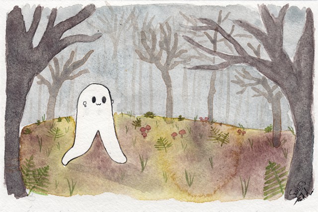 Watercolour painting of a Fresno Nightcrawler, a mysterious white figure with long legs and a happy little face, walking through the woods with earbuds in. They're listening to their favourite podcast.
