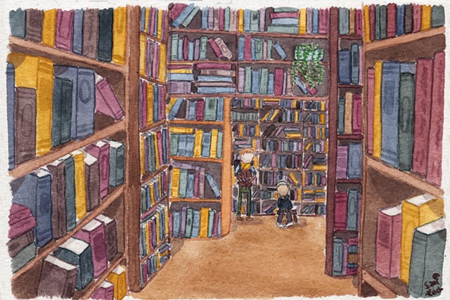 Watercolour painting of two little guys among the many labyrinthine shelves of a used bookstore, its shelves lined with an array of interesting books.