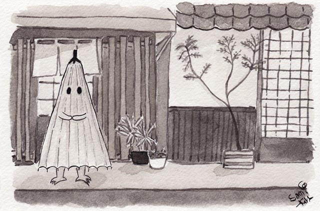 A watercolour painting of the kasa-obake, an umbrella creature, which is a type of tsukumogami, a subset of yōkai who are objects which have gained a spirit. He is standing on a residential Japanese street, looking shy.