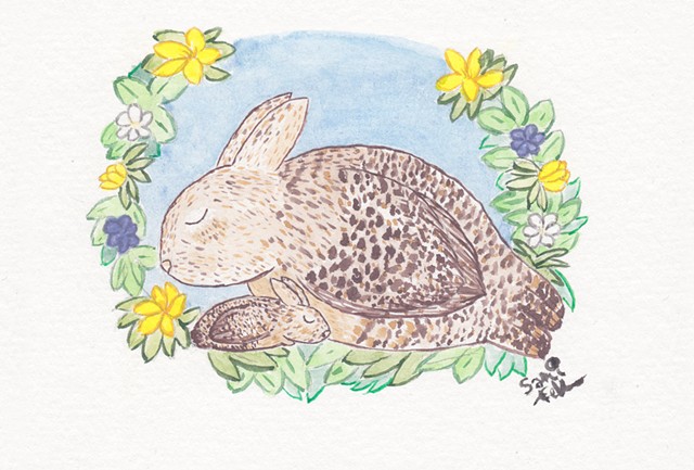 A watercolour painting of a skvader - a cryptid with the front end of a mountain hare and the back end of a wood grouse - snuggled down with her baby skvaderling, surrounded by wildflowers.