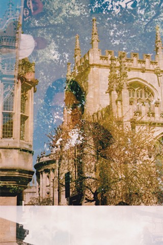 A lo-fi multiple exposure film photo self-portrait with medieval architecture in Oxford and trees in Battersea Park, London, England