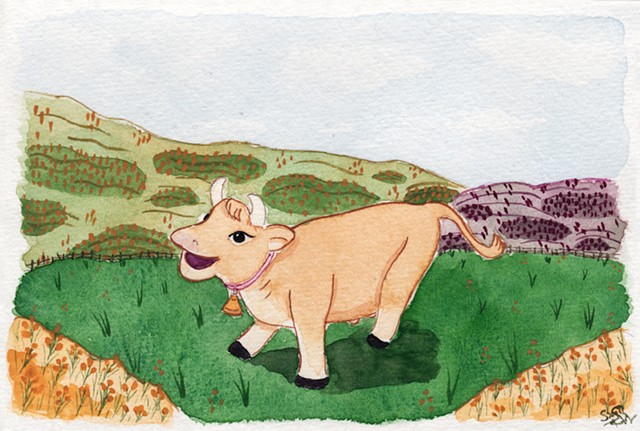 Watercolour painting of a happy Jersey cow in a grassy field, with hills of gorse in the distance.