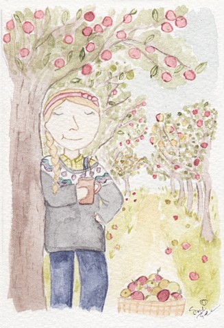 A watercolour painting of a woman standing in an apple orchard, holding a mug of hot tea. She is wearing a dark wool jumper over a pair of denim dungarees and her hair is fastened into a low braid. Beside her is a basket of apples, presumably harvested fr
