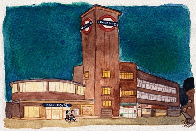 Watercolour painting of Park Royal Underground station in London at blue hour. It is an example of 1930s art deco architecture, and two little guys are holding hands as they exit the tube station.