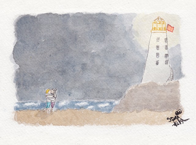 A watercolour painting of an 18th century lighthouse, illuminating the sky over a stormy sea. On the shore beneath is a couple of piratey-looking gentlemen in a romantic embrace.