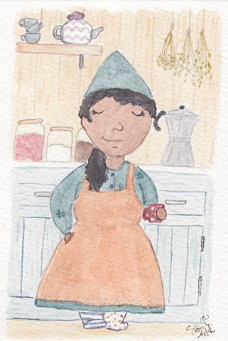 The tomte in her kitchen. She is a short, round woman in a pumpkin orange apron dress with a grey-blue shirt and petticoat underneath, matching blue pointed hat, and mismatched socks. She has medium brown skin and dark curly hair which she wears in a low 
