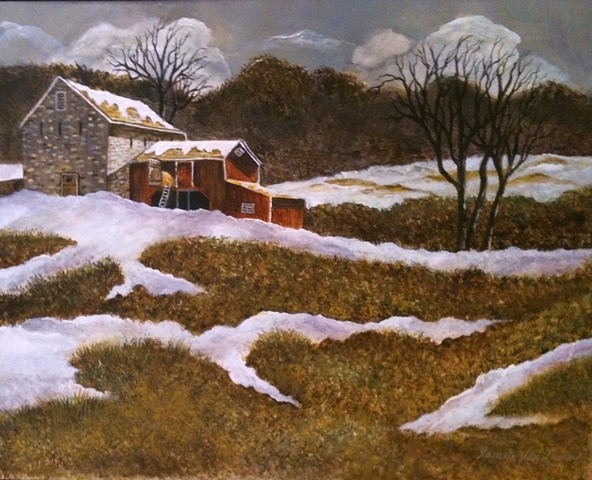 Winter landscape with fieldstone barn